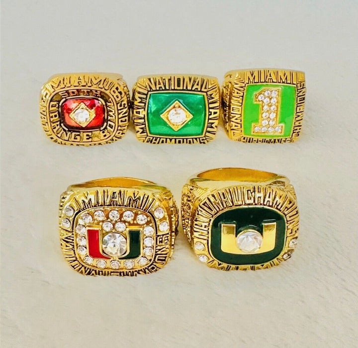 5 PCS Miami Hurricanes NCAA 18k GP Championship Ring, US SHIP 1983-2001