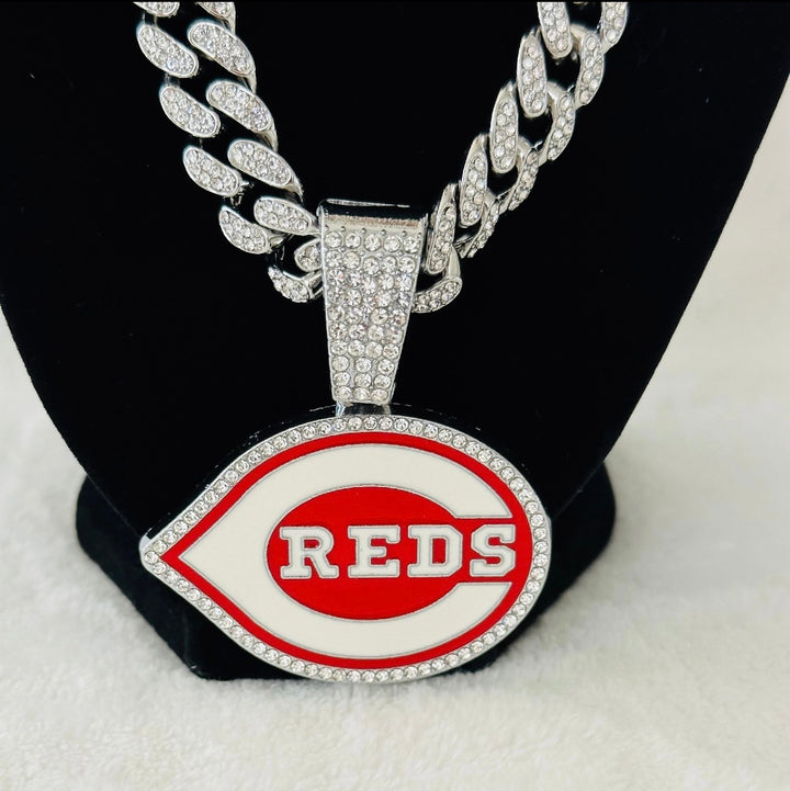 CINCINNATI REDS GEM NECKLACE Silver 24" Chain, US SHIP