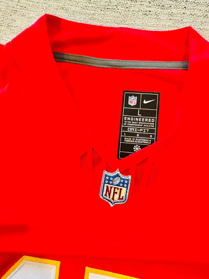 Patrick Mahomes Kansas City Chiefs NFL authentic jersey displayed with team logo, player name and number, made by EBSportsRings.com