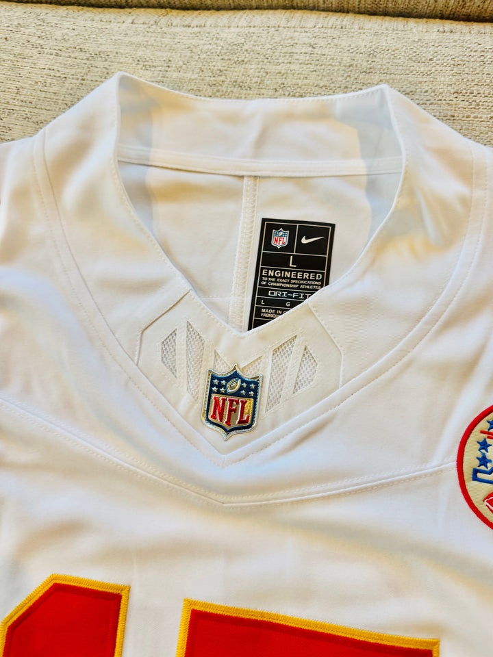 Patrick Mahomes Kansas City Chiefs white NFL jersey, authentic fan apparel with team logo and player name.