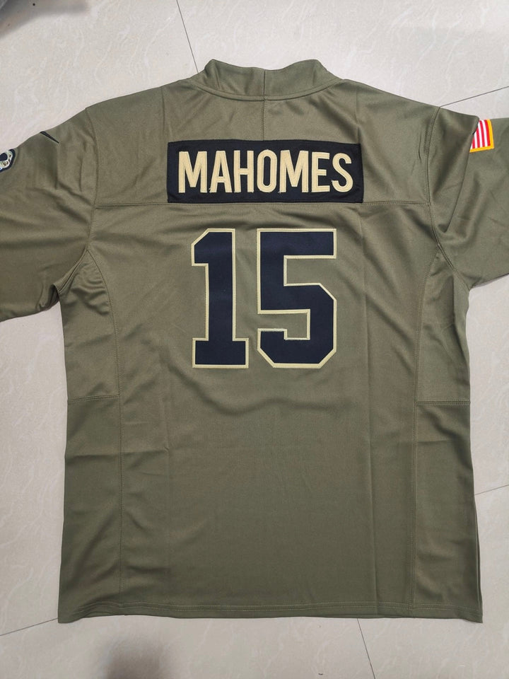 Patrick Mahomes Kansas City Chiefs Salute to Service NFL jersey, authentic sports fan apparel with team logo and military tribute details.