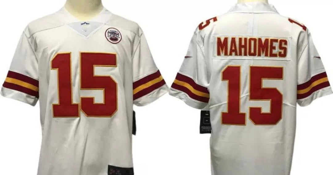 Patrick Mahomes Kansas City Chiefs white NFL jersey, authentic sports fan apparel with team logo and player name.