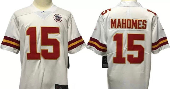 Patrick Mahomes Kansas City Chiefs white NFL jersey, authentic sports fan apparel with team logo and player name.