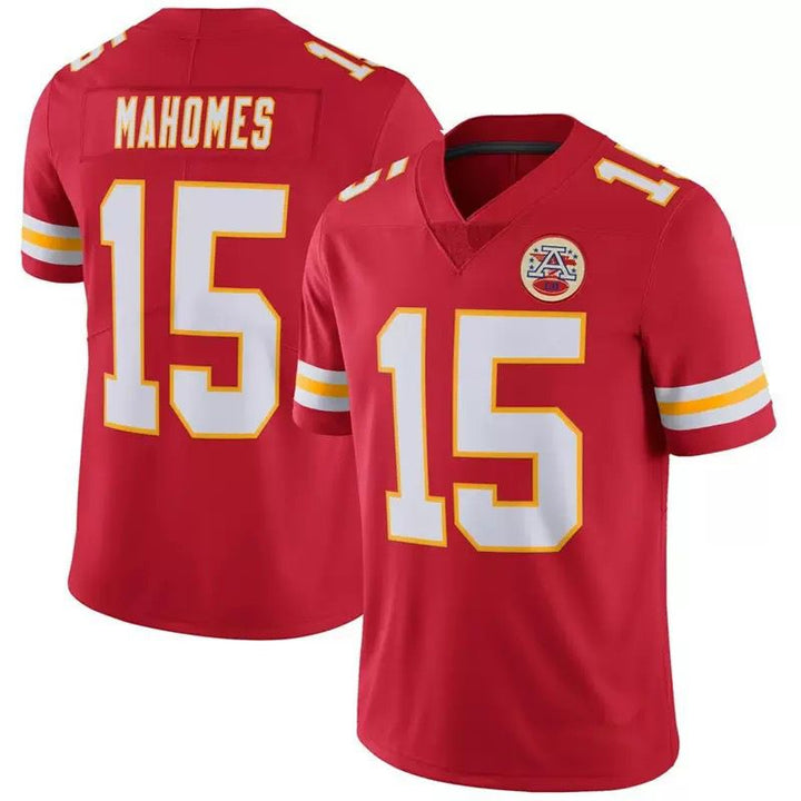 Patrick Mahomes Kansas City Chiefs NFL jersey, authentic fan apparel with team logo and player name, displayed on a hanger.
