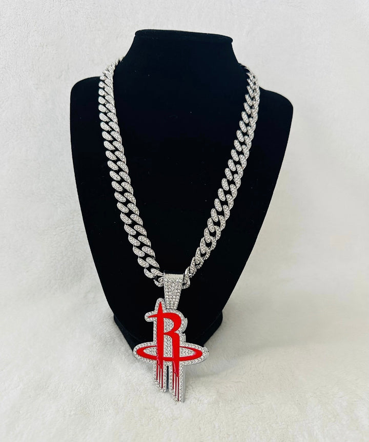 HOUSTON ROCKETS GEM NECKLACE Silver Bling NBA Pendant &amp; 24” Chain, US SHIP