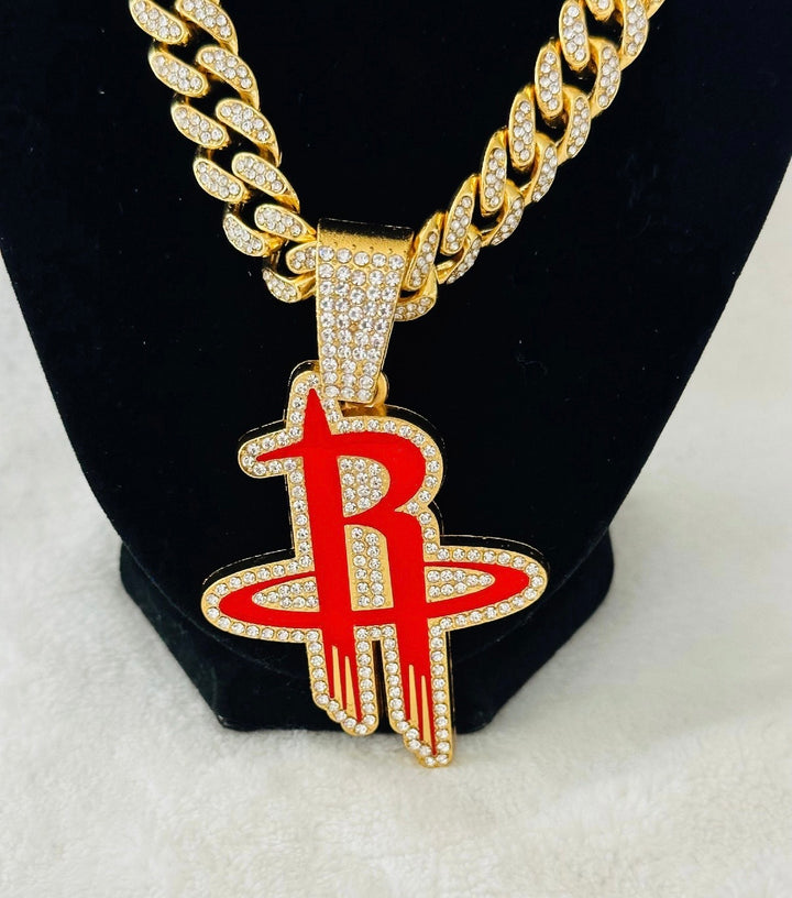 HOUSTON ROCKETS GEM NECKLACE Gold Bling NBA Pendant &amp; 24” Chain, US SHIP