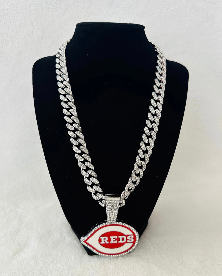 CINCINNATI REDS GEM NECKLACE Silver 24" Chain, US SHIP
