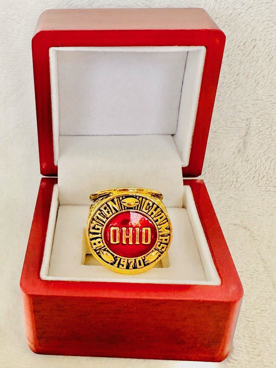 Ohio State NCAA Championship Ring from 1970 with display box, featuring team details and engraved design, by EBSportsRings.com.