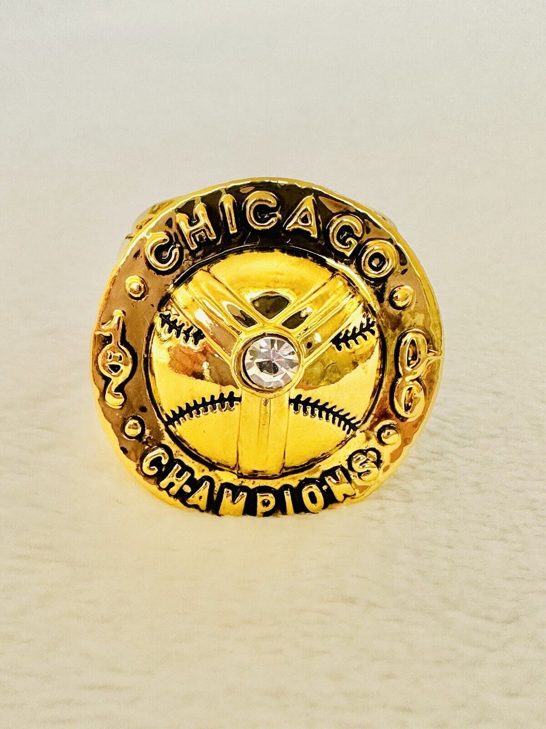 Chicago White Sox 1906 World Series ring souvenir with MLB logo and detailed engravings, displayed on a white background