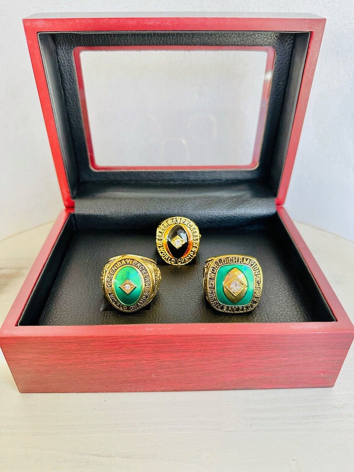 3 PCS Green Bay Packers Championship Ring SET W Box, US SHIP 61/62/65 - EB Sports Champion&