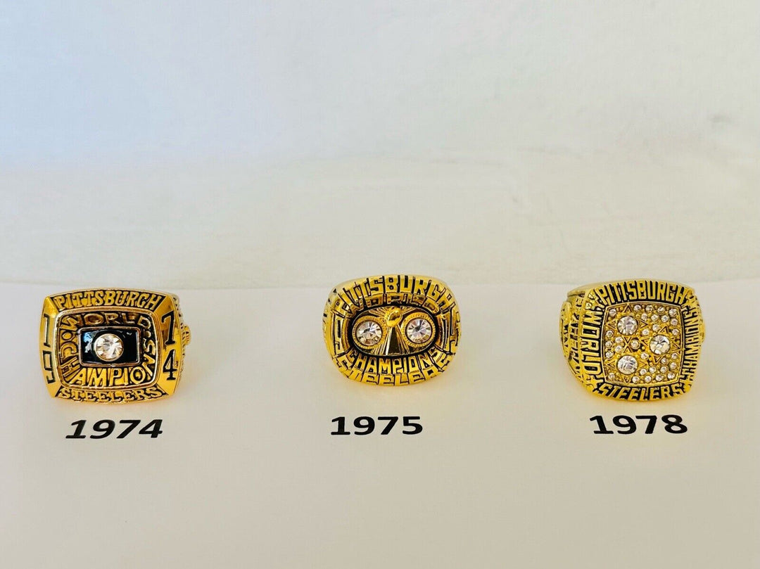 Pittsburgh Steelers Super Bowl championship ring with customizable NFL fan jewelry, featuring team logo and detailed design.