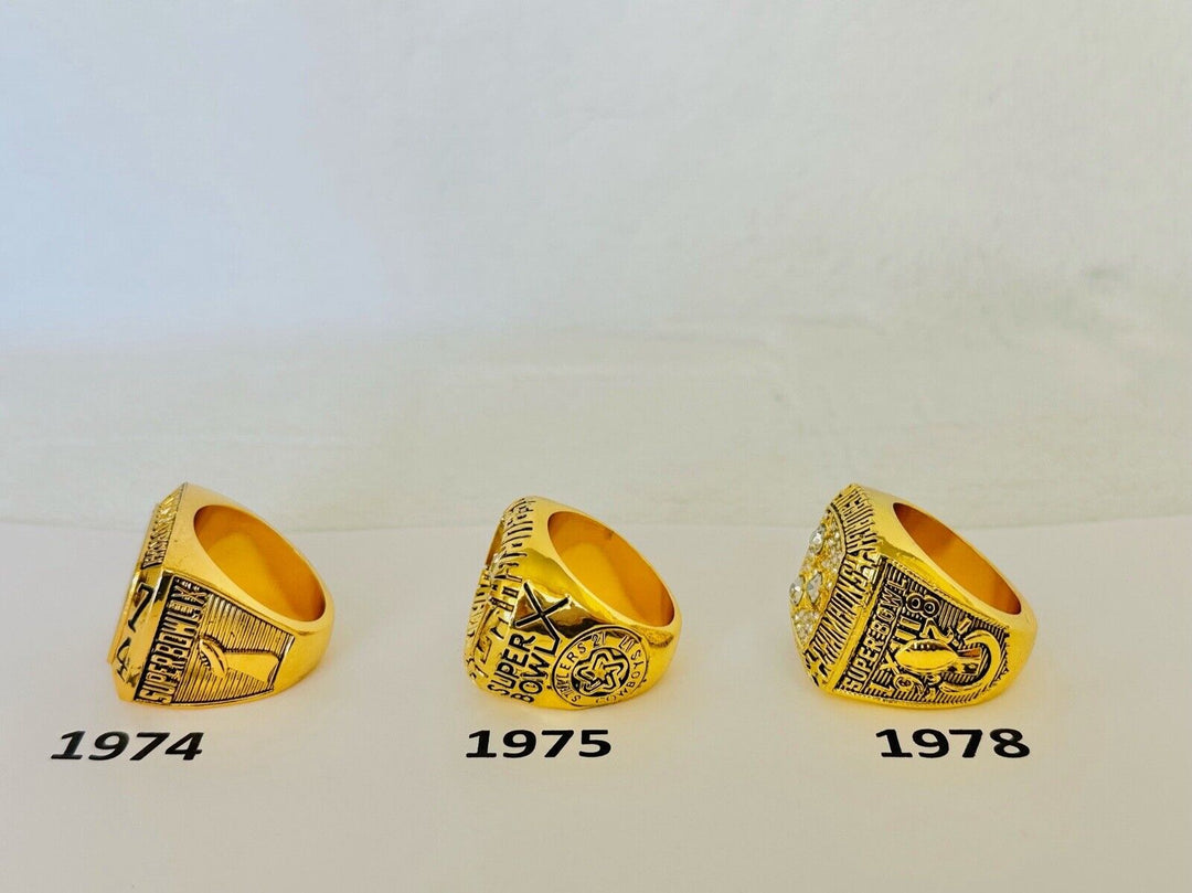Pittsburgh Steelers Super Bowl Championship ring with customizable NFL football team design, displayed on a white background.