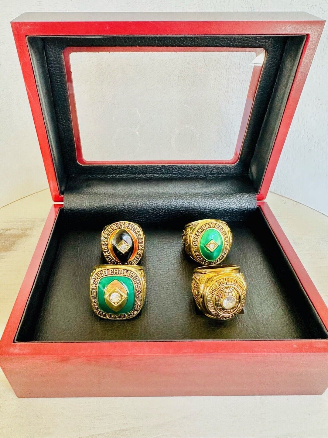 4 PCS Green Bay Packers Championship Ring SET W Case, US SHIP 1961/62/65/66 - EB Sports Champion&