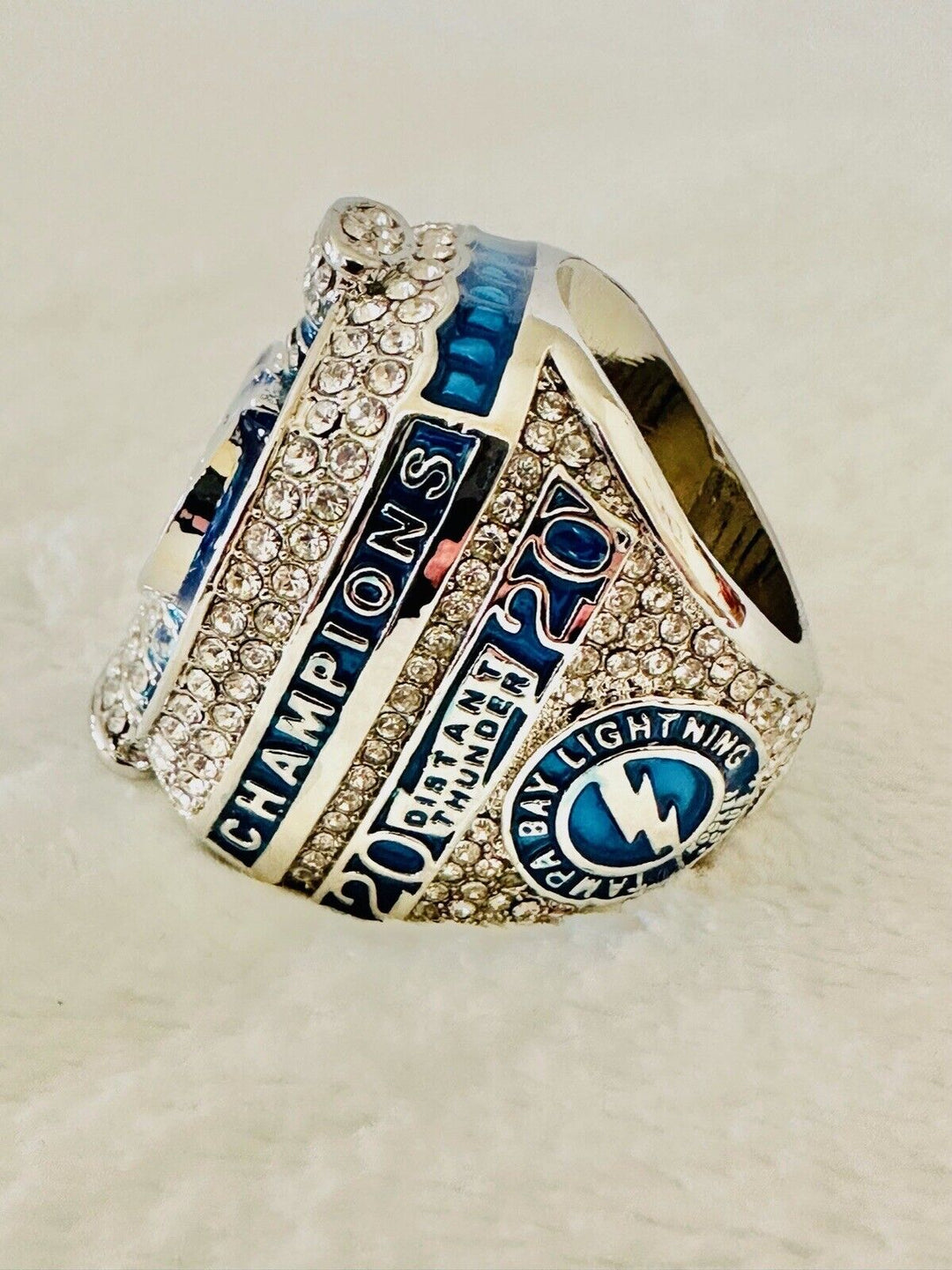 2020 Tampa Bay Lightning Stanley Cup Championship ring by EBSportsRings.com, featuring detailed team and NHL hockey design.