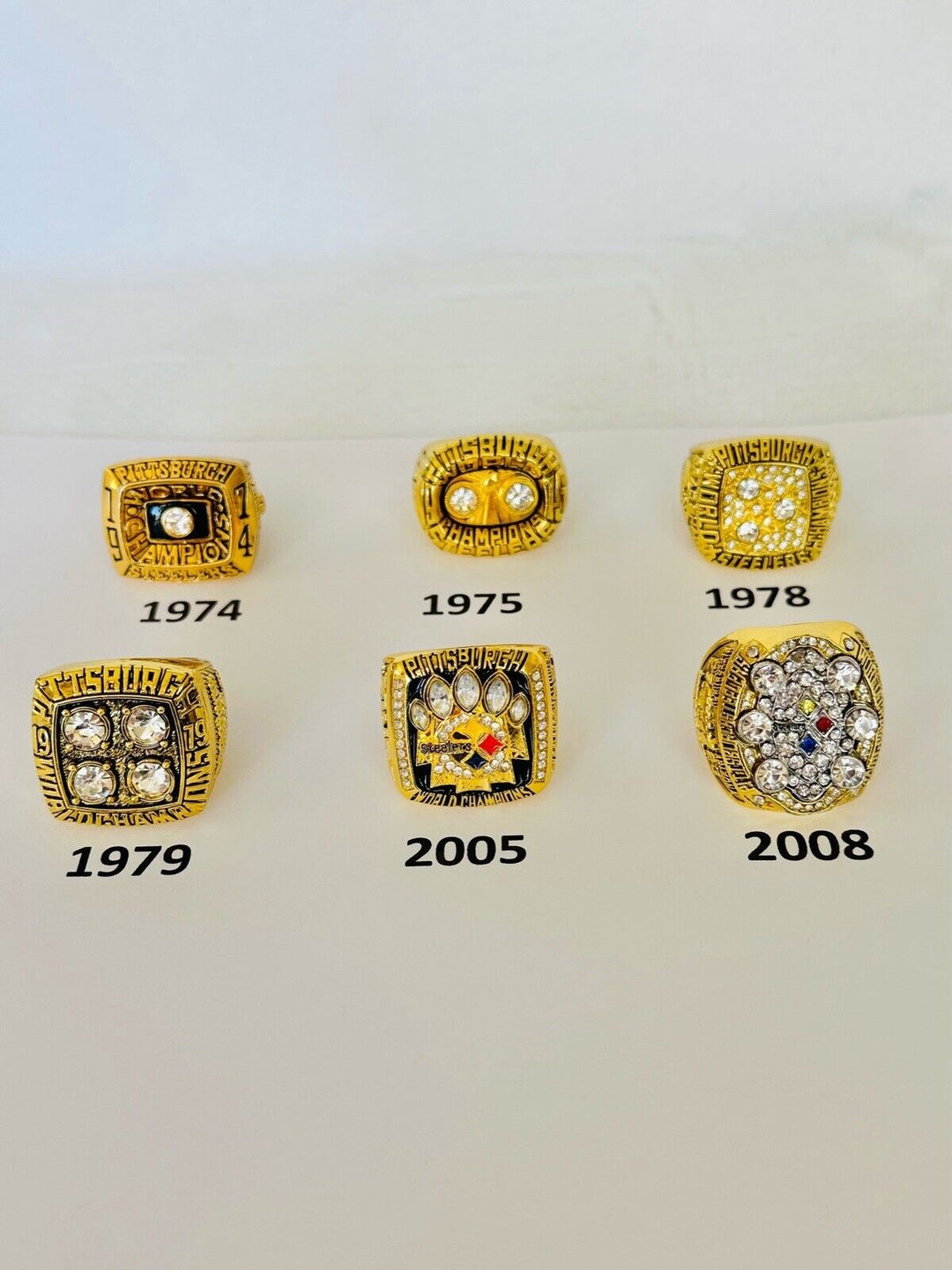 Pittsburgh Steelers Super Bowl championship ring with customizable NFL football team design, displayed in close-up.