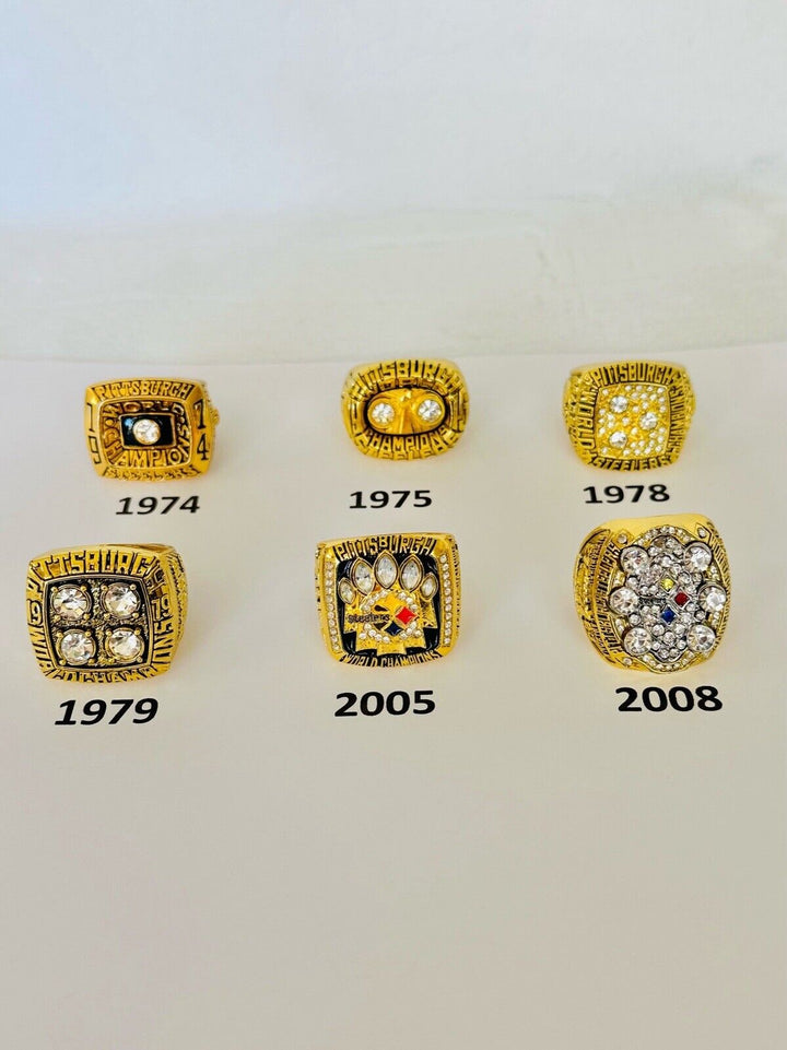 Pittsburgh Steelers Super Bowl championship ring with customizable NFL football team design, displayed in close-up.