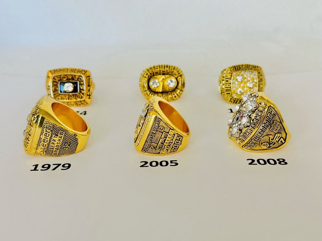 Pittsburgh Steelers Super Bowl championship ring with customizable NFL football fan memorabilia, featuring team logo and bold design.
