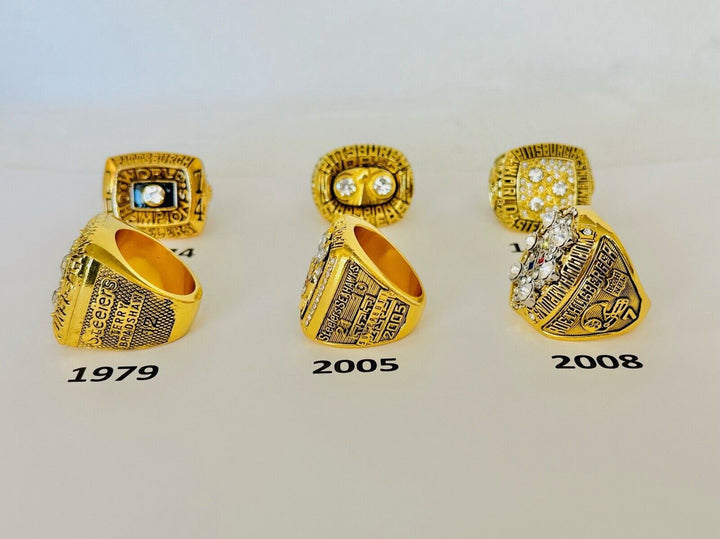 Pittsburgh Steelers Super Bowl championship ring with customizable NFL football fan memorabilia, featuring team logo and bold design.