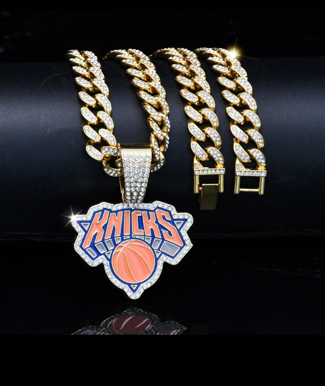 14K Gold Plated NY New York Knicks Large Charm Pendant Iced Cuban Chain 20” - EB Sports Championship Rings