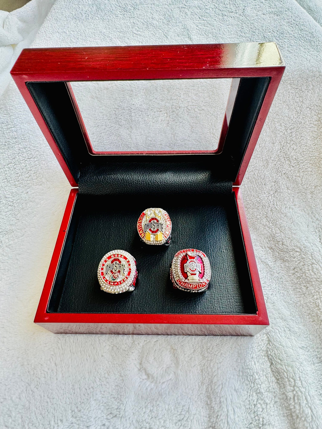 Ohio State National Championship Ring Set with wooden box, US SHIP, 2024 rose, cotton and champ ring - EB Sports Championship Rings