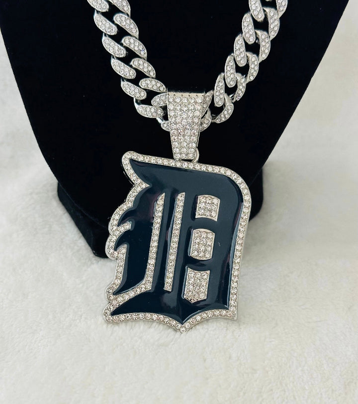 DETROIT TIGERS NECKLACE Silver Bling Baseball Pendant /24" Cuban Chain, US SHIP