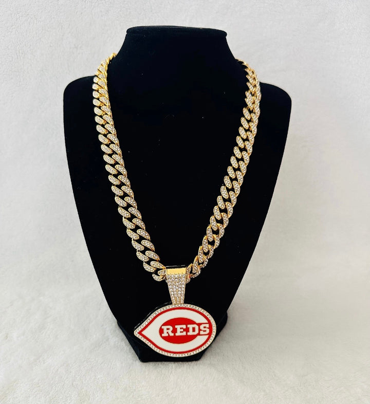 CINCINNATI REDS GEM NECKLACE Gold 24" Chain, US SHIP