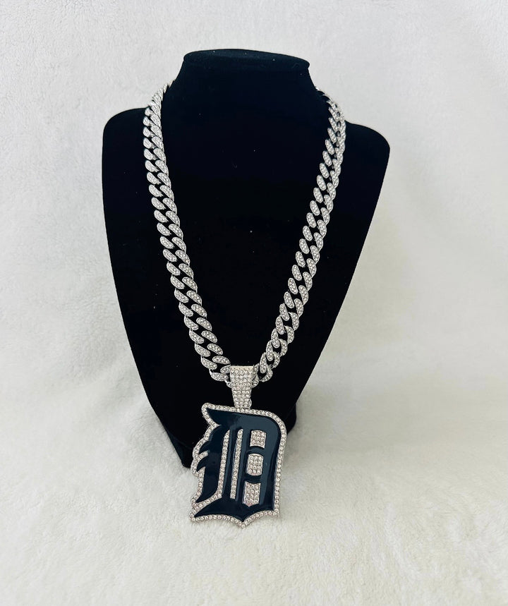 DETROIT TIGERS NECKLACE Silver Bling Baseball Pendant /24" Cuban Chain, US SHIP