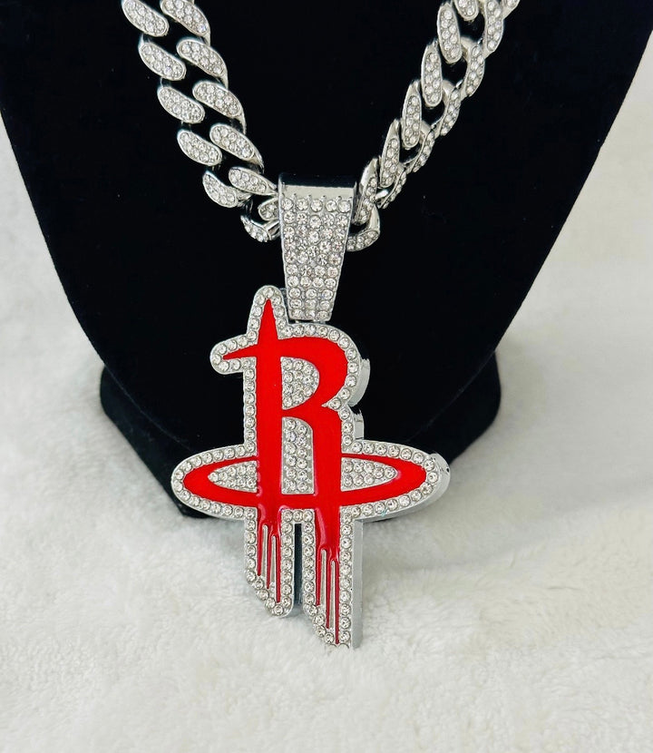 HOUSTON ROCKETS GEM NECKLACE Silver Bling NBA Pendant &amp; 24” Chain, US SHIP