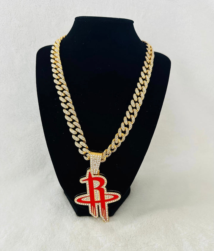 HOUSTON ROCKETS GEM NECKLACE Gold Bling NBA Pendant &amp; 24” Chain, US SHIP