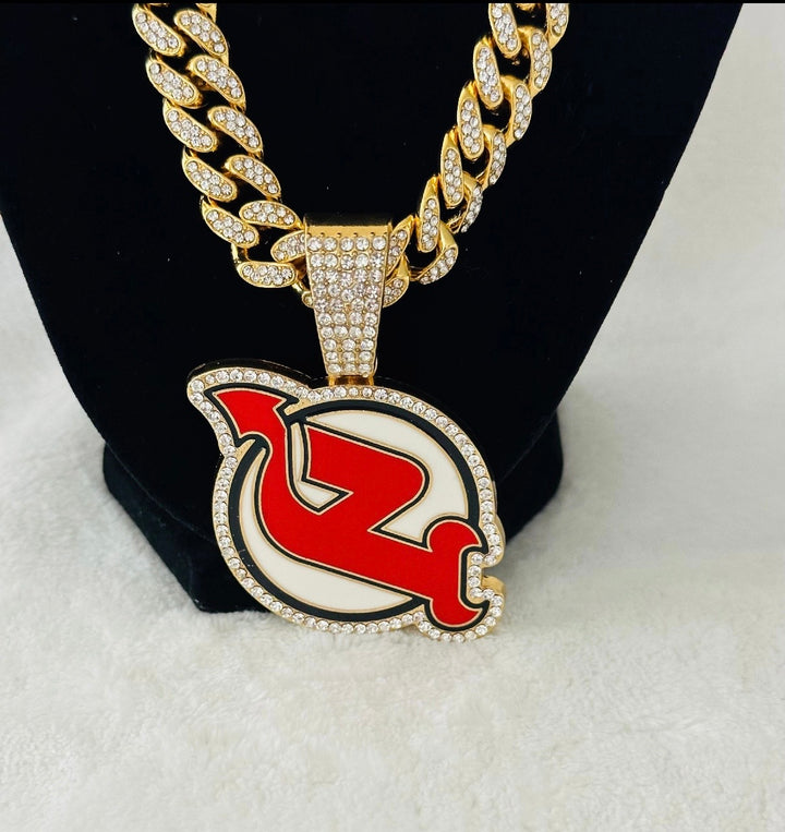 NEW JERSEY DEVILS GEM NECKLACE Gold NHL Hockey Pendant &amp; 24" Chain, US SHIP