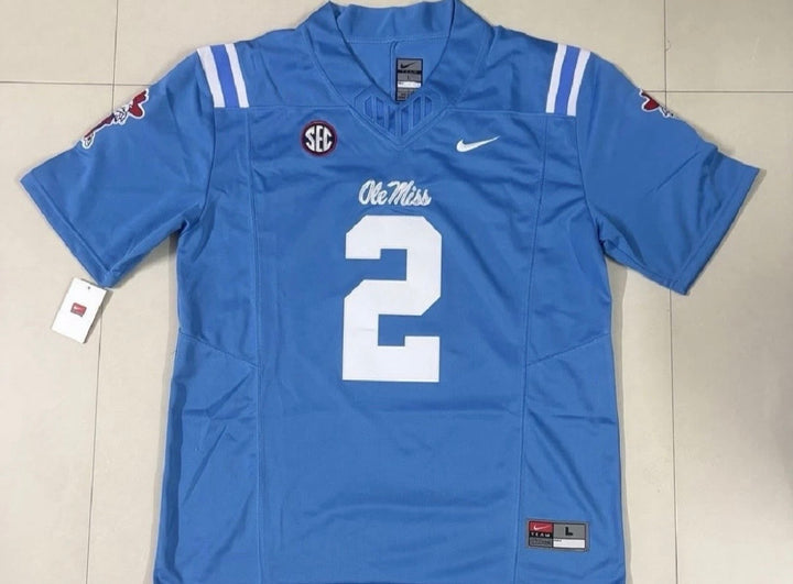 Jaxson Dart 2 Ole Miss Rebels Powder Blue Jersey Stitched