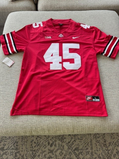 NWT Ohio State Buckeyes #45 Nike stitched jersey with player name and number, college football fan apparel and souvenir.