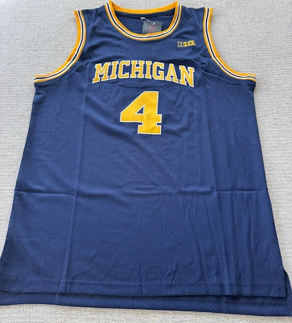 Michigan Wolverines Chris Webber college jersey #4, authentic stitched NCAA fan apparel, displayed in a clear sports memorabilia image.