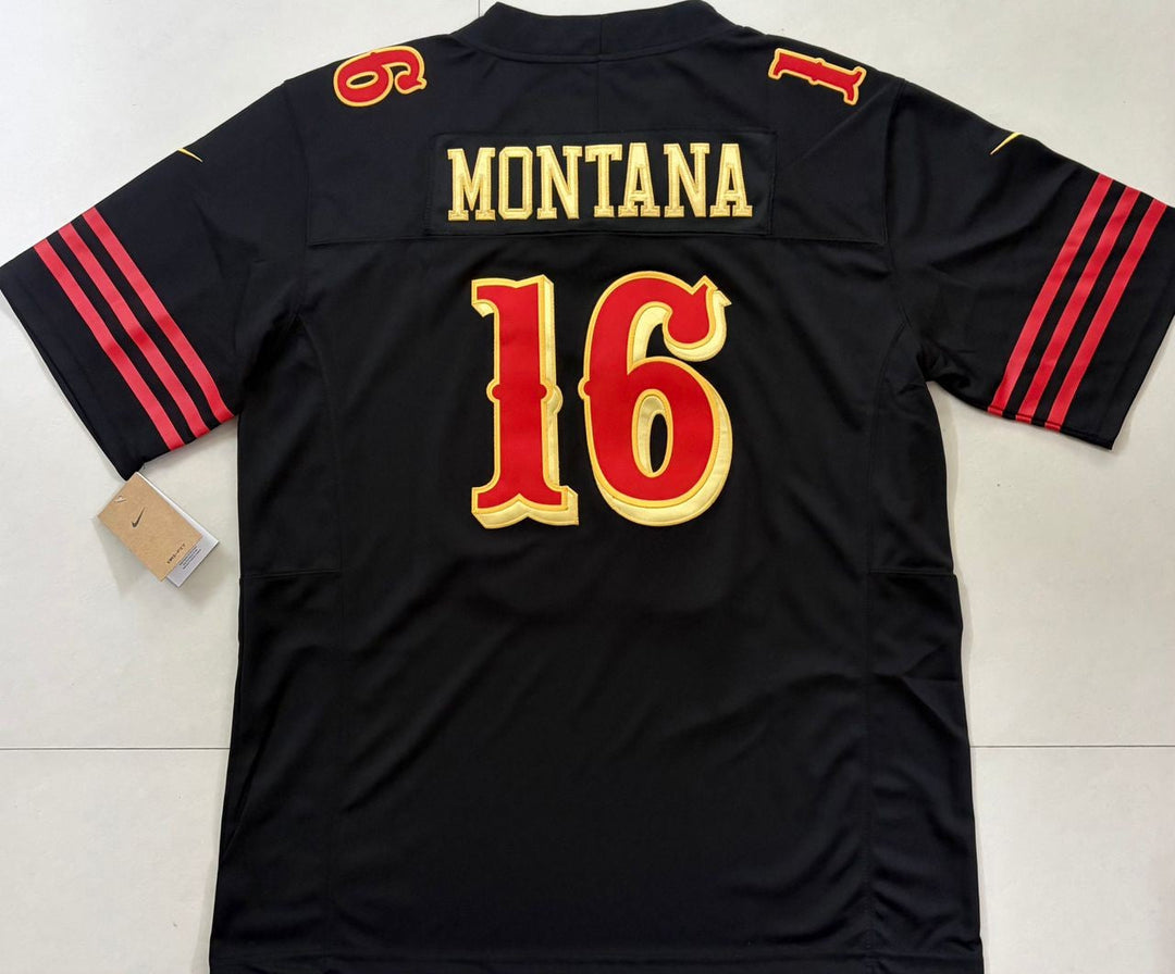 Joe Montana San Francisco 49ers Nike stitched black Faithful jersey in size L or XL, featuring team logo and player details.
