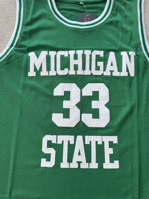Authentic Magic Johnson Michigan State Spartans college jersey with stitched number 33, displayed on a hanger.