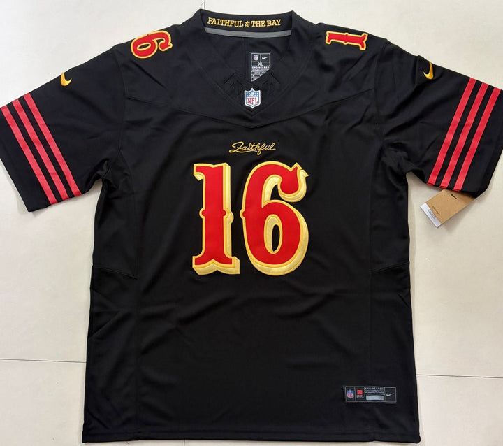 Black Joe Montana San Francisco 49ers Nike stitched football jersey in size L and XL, featuring team and player details.